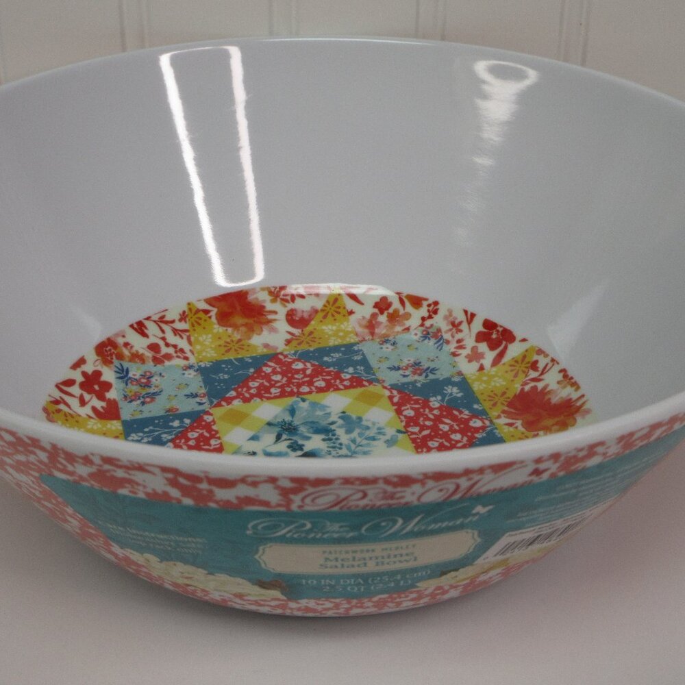 Pioneer Woman Salad Serving Bowl Patchwork Medley Splatter Melamine 10"d 2.5Qt